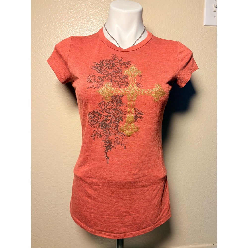 Y2K One Clothing Women Coral Gold Glitter Cross Graphic Tee Shirt Large #5
